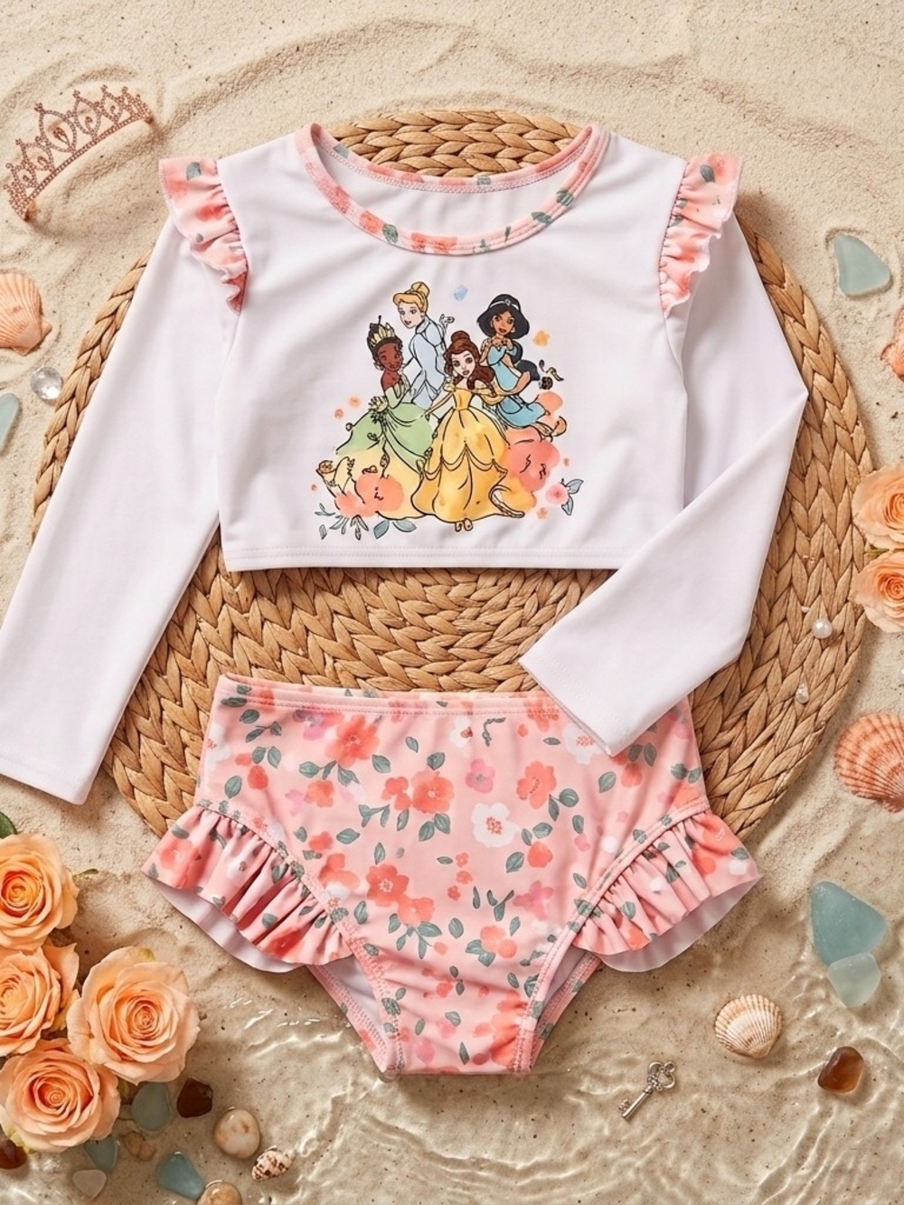 NWT Disney Princess Tiana Cinderella Belle Jasmine Rash Guard Swimsuit 2T